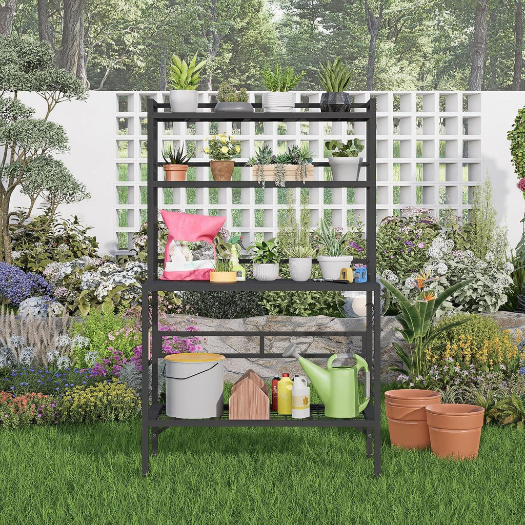 Outdoor Potting Bench Table with Storage, 63' Tall Metal Garden Workstation, 4-Tier Plant Stand Shelves with 8 Hooks, Heavy Duty All-Weather Potting Table for Patio, Backyard, Balcony, Gray