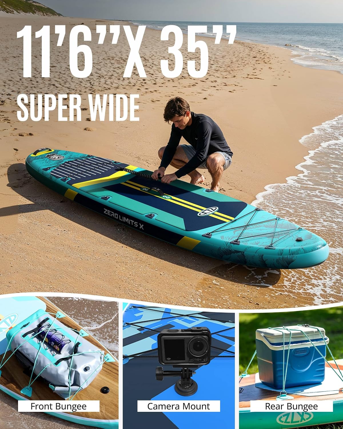 ZLX 11'6'x35' Ultra Wide Inflatable Stand Up Paddle Board | Stable Non-Slip Deck Pad, Unique Fin System, Premium SUP Accessories & Backpack - Upgraded Pump for Adults, All Skill Levels