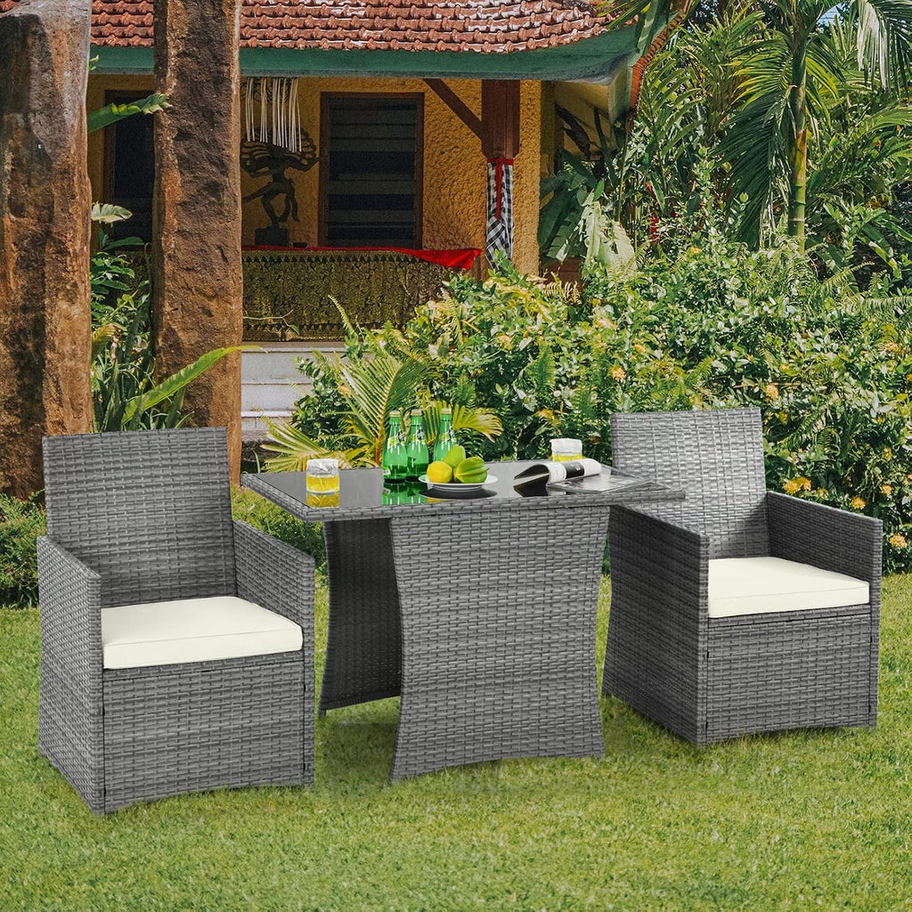 HAPPYGRILL 3 Piece Patio Furniture Set, Outdoor PE Rattan Wicker Bistro Set with Washable Cushions & Tempered Glass Table, for Backyard Porch Garden Balcony Poolside
