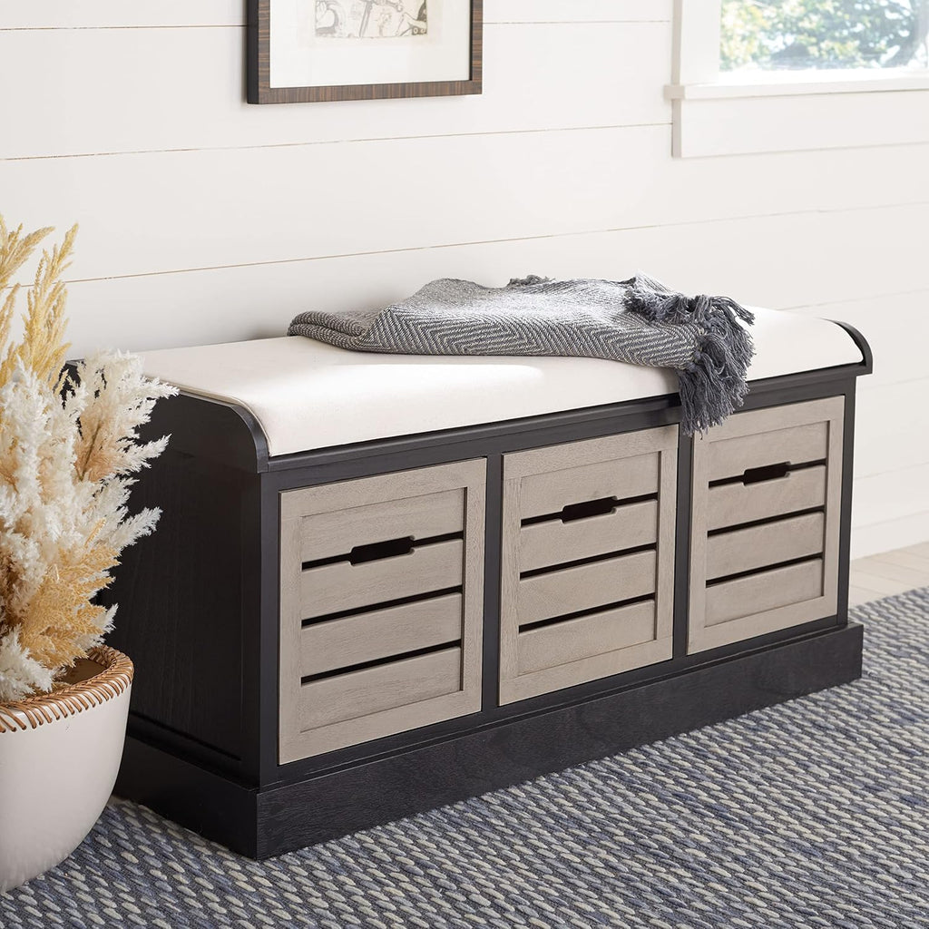 SAFAVIEH Home Collection – Briar 3-Drawer Upholstered Storage Bench, Farmhouse Entryway Accent Bench with Cushion Top, Black Frame & Greige Drawer Fronts (BCH5700E)