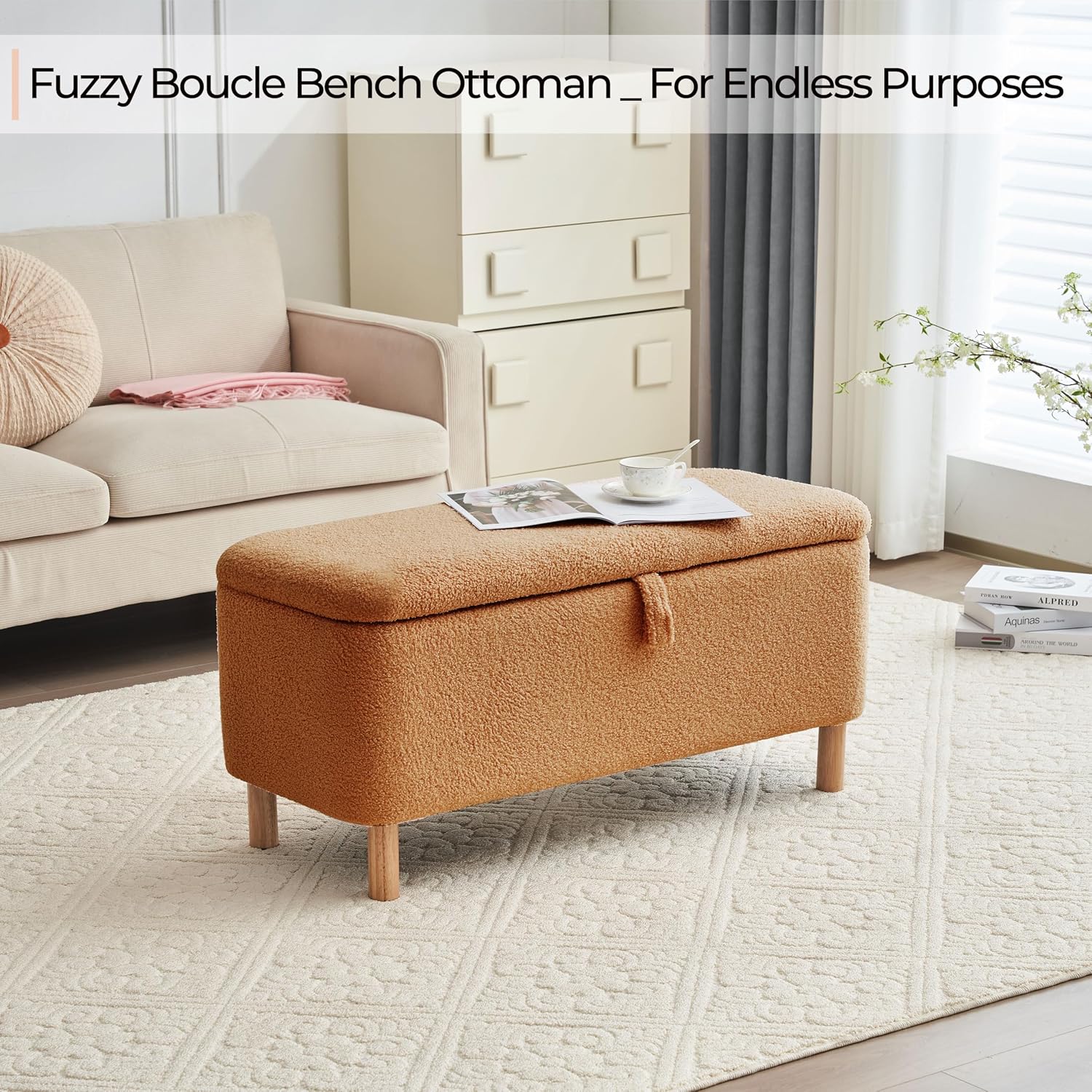 Storage Ottoman Bench for Bedroom End of Bed, Boucle Upholstered Padded Storage Bench for Entryway Bed Foot Entryway, Sherpa Rectangle Cushion Shoe Seat Blanket Chest Cute for Living Room, Orange