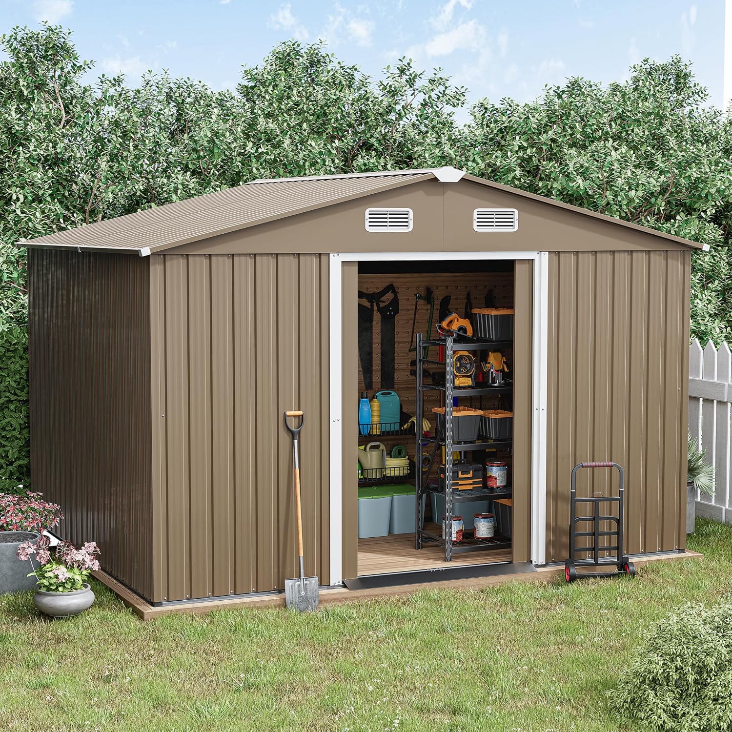 Kurapika 10 x 8FT Outdoor Storage Shed Waterproof, Large Garden Tool House with Air Vents and Lockable Sliding Door, Metal Shed for Garden, Patio, Backyard, Lawn