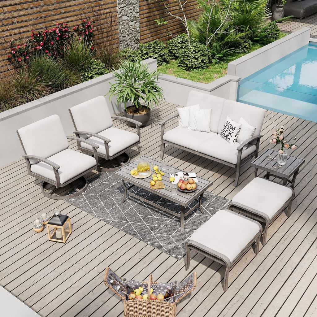 HAPPATIO 7 Piece Aluminum Patio Furniture Set, Outdoor Swivel Armchair with Loveseat, All-Weather Outdoor Sectional Sofa with Side Table and Coffee Table, Garden Conversation Set for Lawn(Gray)