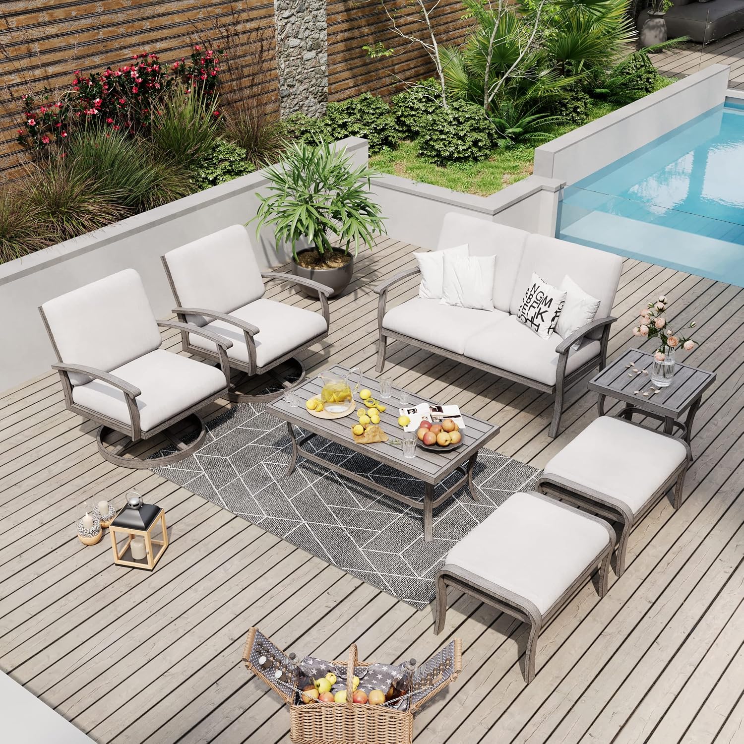 HAPPATIO 7 Piece Aluminum Patio Furniture Set, Outdoor Swivel Armchair with Loveseat, All-Weather Outdoor Sectional Sofa with Side Table and Coffee Table, Garden Conversation Set for Lawn(Gray)