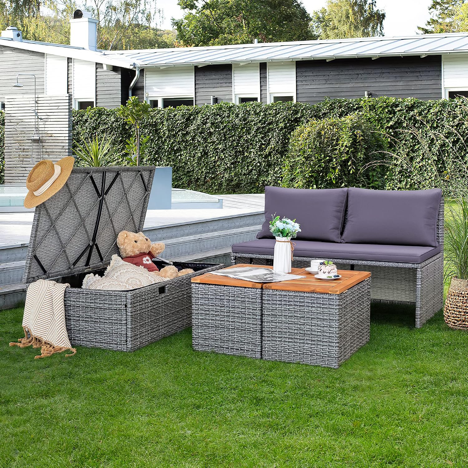 Devoko Patio Day Bed with 2 Side Tables Outdoor Daybed Set MultifunctionalRattan Lounge Bed for Backyard Porch Poolside Lawn Beach (Gray)