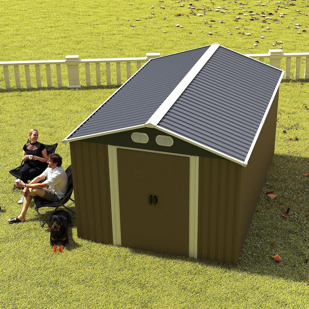 KEIKI 8x12 FT Heavy-Duty Outdoor Storage Shed, Metal Shed with Reinforced Frame, Lockable Doors & Air Vents, Weatherproof Garden Tool Shed for Backyard, Brown