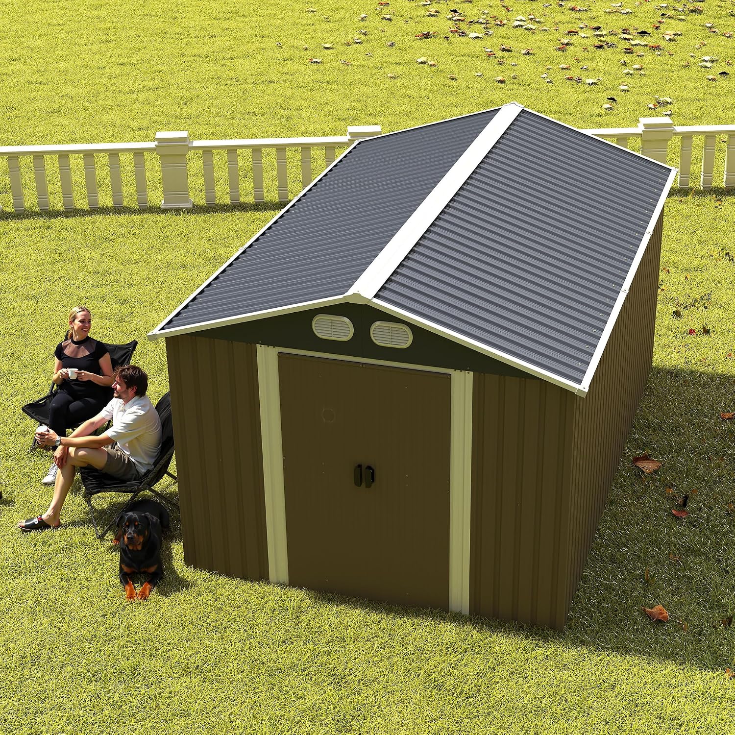 KEIKI 8x12 FT Heavy-Duty Outdoor Storage Shed, Metal Shed with Reinforced Frame, Lockable Doors & Air Vents, Weatherproof Garden Tool Shed for Backyard, Brown