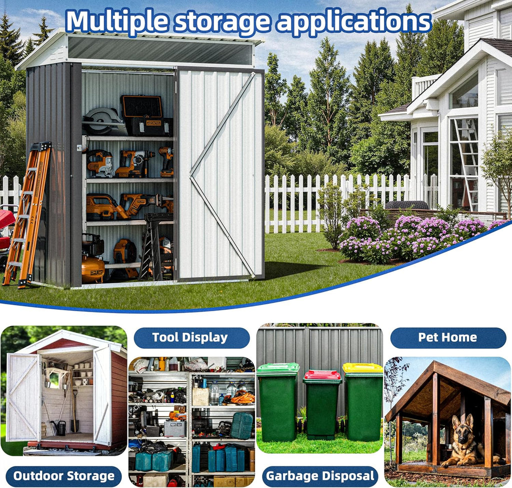 JY QAQA 5x3 FT Outdoor Garden Storage Shed, Waterproof Metal Garden Sheds with Window and Lockable Double Door, Weather Resistant Steel Tool Storage House Shed for Patio, Lawn Dark Gray
