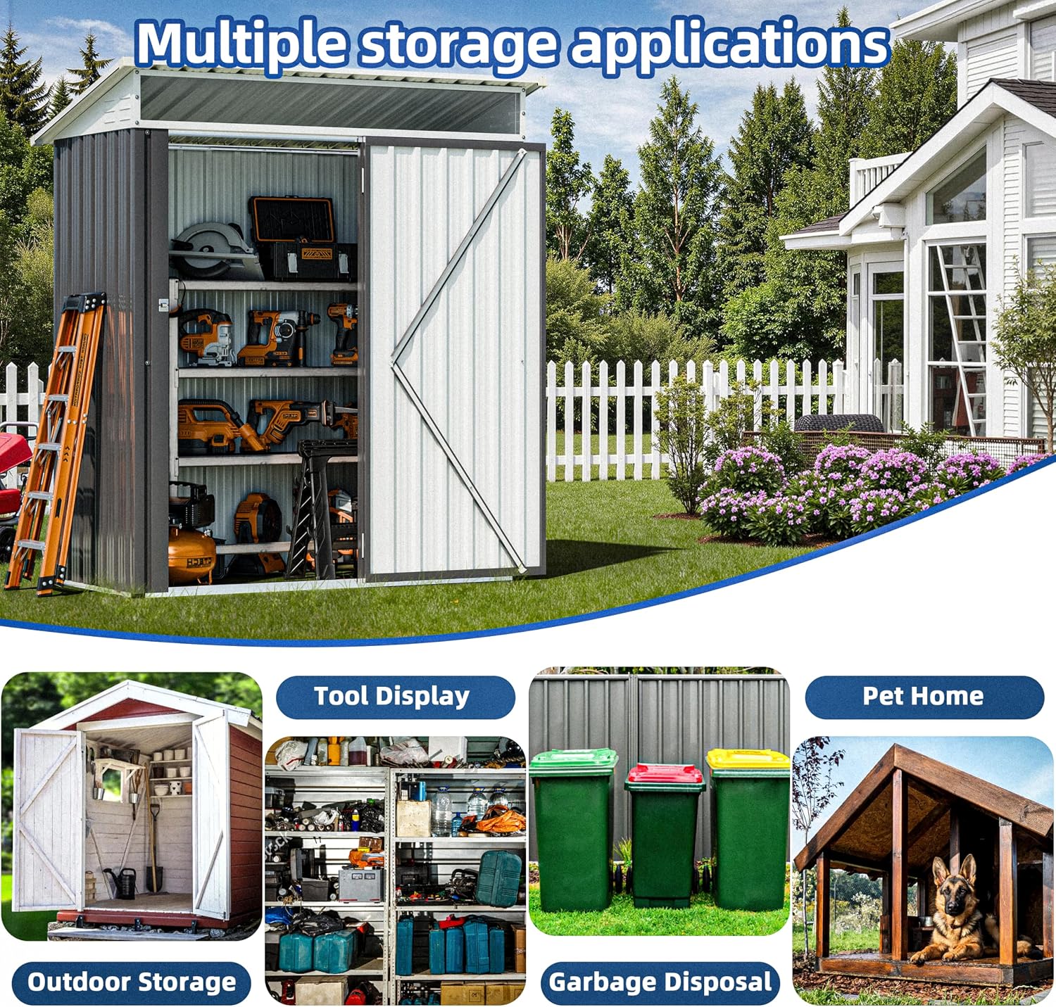 JY QAQA 5x3 FT Outdoor Garden Storage Shed, Waterproof Metal Garden Sheds with Window and Lockable Double Door, Weather Resistant Steel Tool Storage House Shed for Patio, Lawn Dark Gray