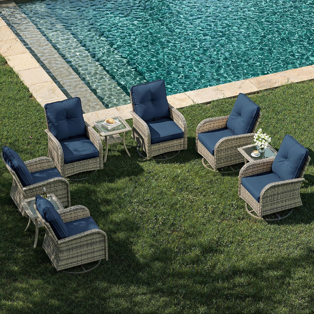 9-Piece Outdoor Rocking Swivel Chair Outdoor Wicker Rattan Bistro Set with Tempered Glass Side Table, Outdoor Patio Furniture Set, Navy Blue
