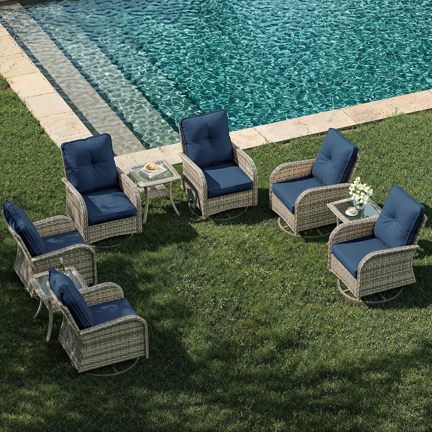9-Piece Outdoor Rocking Swivel Chair Outdoor Wicker Rattan Bistro Set with Tempered Glass Side Table, Outdoor Patio Furniture Set, Navy Blue