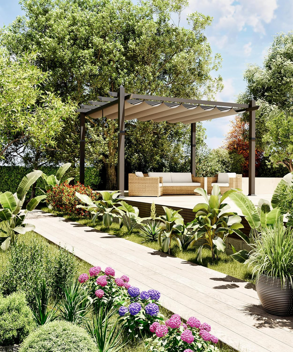 GAOMON 10x13 Ft Outdoor Pergola, Heavy-Duty Aluminum Patio Pergolas and Gazebos Clearance with Retractable Canopy Sun Shade, UV-Resistant Metal Pergola for Existing Deck, Backyard Garden Porch, Khaki