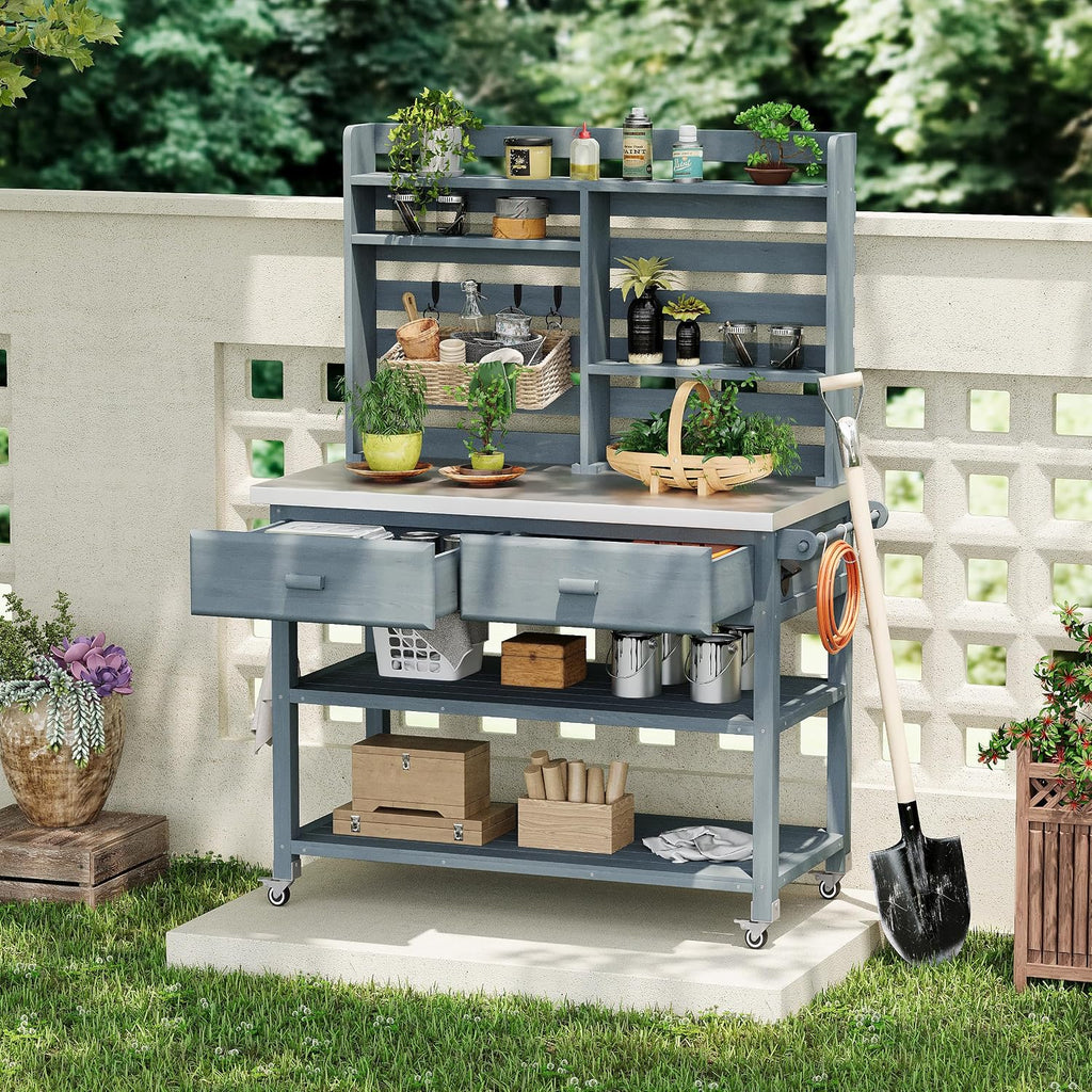 H Outdoor Potting Bench Table with Lockable Wheels, Solid Wood Outdoor Kitchen Island with Upper Hutch, Stainless Steel Top, Storage for Grilling, Lawn & Garden (Grey+Blue/F, 64.9')