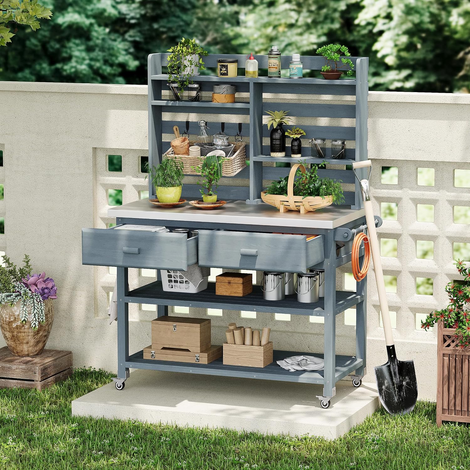H Outdoor Potting Bench Table with Lockable Wheels, Solid Wood Outdoor Kitchen Island with Upper Hutch, Stainless Steel Top, Storage for Grilling, Lawn & Garden (Grey+Blue/F, 64.9')