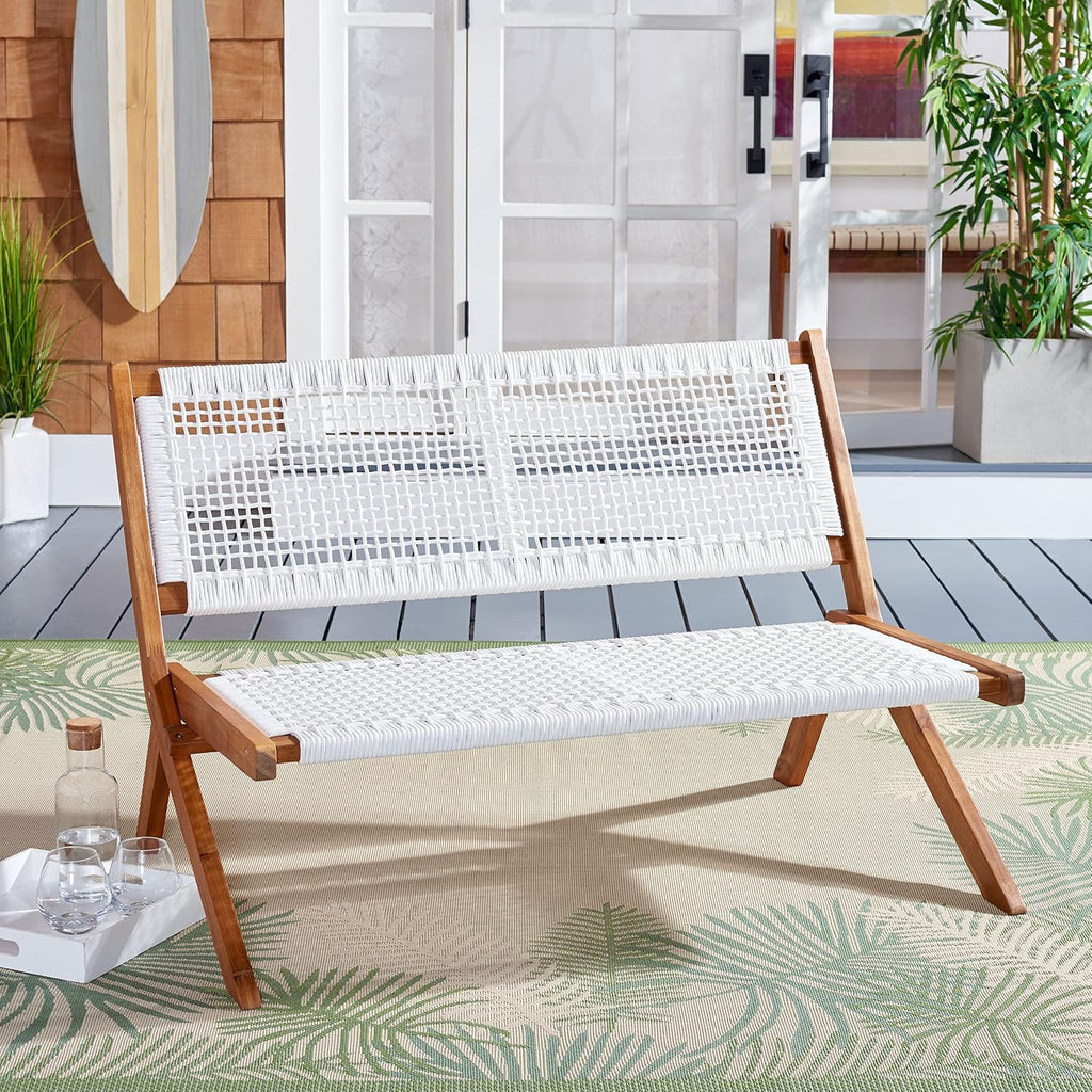 SAFAVIEH Outdoor - Kobina Folding Bench - Natural & White - Solid Wood and Rope - Modern Sculpted Folding Design - Ideal for Patio, Deck, Porch, Backyard, 13.8' Seat Height (PAT7304D)