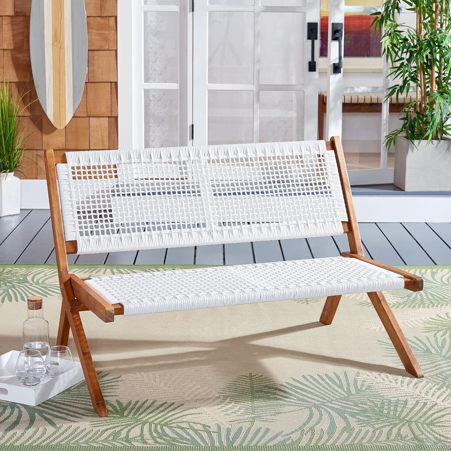 SAFAVIEH Outdoor - Kobina Folding Bench - Natural & White - Solid Wood and Rope - Modern Sculpted Folding Design - Ideal for Patio, Deck, Porch, Backyard, 13.8' Seat Height (PAT7304D)