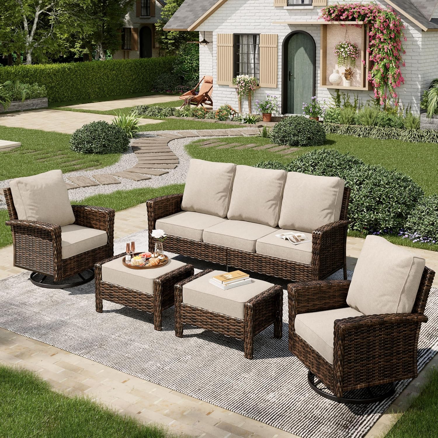 MIXPATIO 5-Piece Wicker Patio Furniture Set with Swivel Chairs, High Back Outdoor Furniture with 5.5-inch Thick Cushion and Ottoman, All-Weather Wicker Patio Conversation Set for Deck Yard Pool, Beige