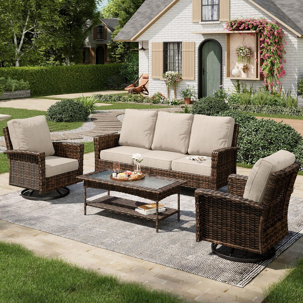 MIXPATIO 4-Piece Wicker Patio Furniture Set with Swivel Chairs, High Back Outdoor Sofa with 5.5-inch Thick Cushion, All-Weather Patio Table and Chairs Set for Deck Yard Pool, Beige