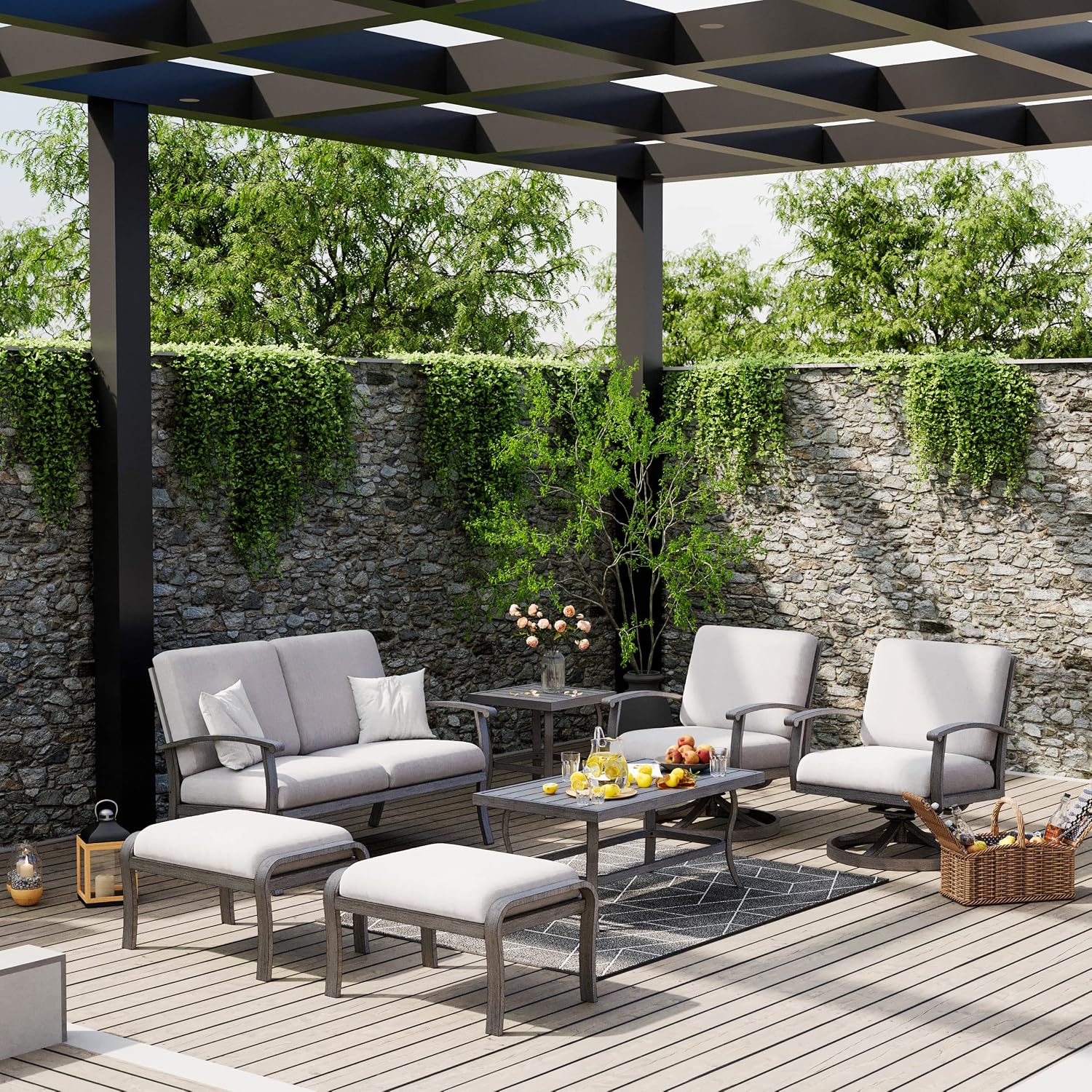 HAPPATIO 7 Piece Aluminum Patio Furniture Set, Outdoor Swivel Armchair with Loveseat, All-Weather Outdoor Sectional Sofa with Side Table and Coffee Table, Garden Conversation Set for Lawn(Gray)