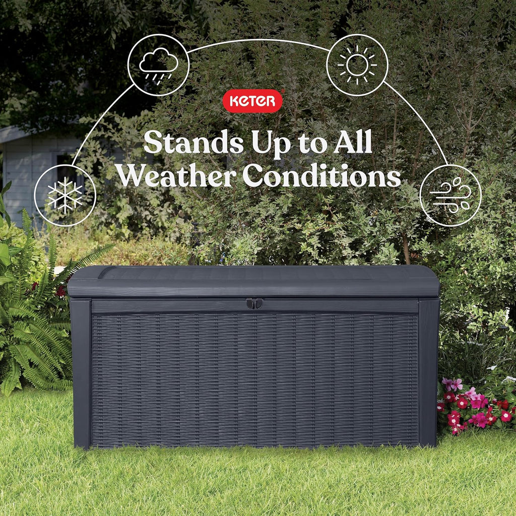 Keter Outdoor Storage Deck Box for Patio, Backyard & Garden, Borneo, 110 Gal, Grey - Lockable, Organizing, and Waterproof Plastic Container Bench