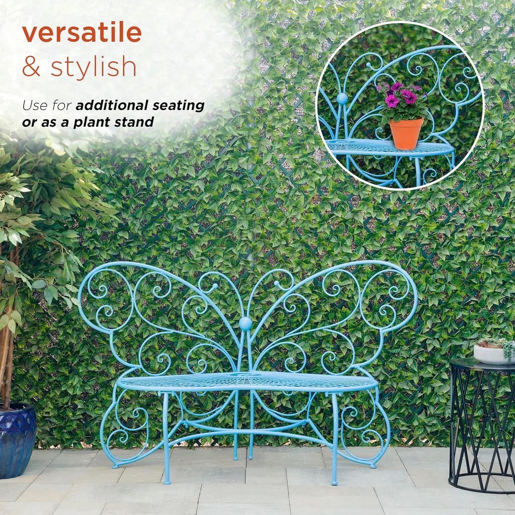 Alpine Corporation BAZ400BL Indoor Outdoor Metal Butterfly Shaped Garden Bench, 62' Long, Blue