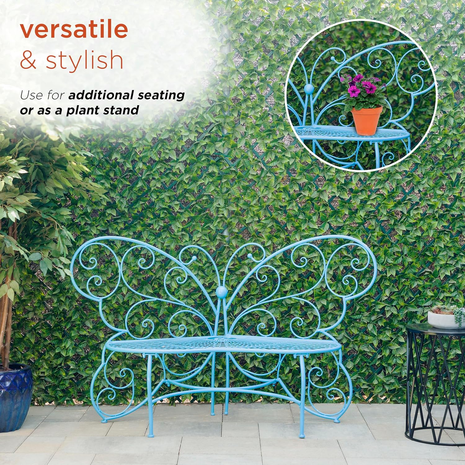 Alpine Corporation BAZ400BL Indoor Outdoor Metal Butterfly Shaped Garden Bench, 62' Long, Blue