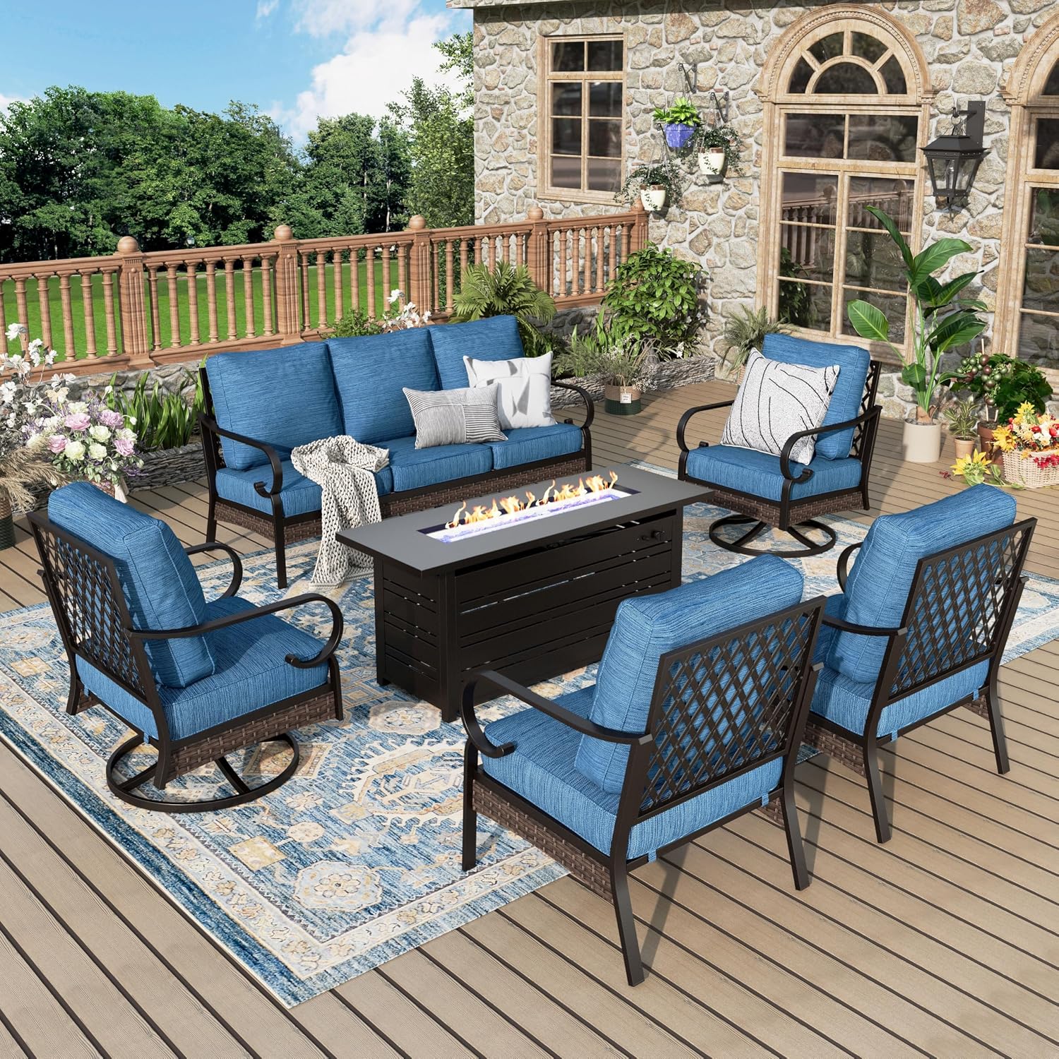 MIXPATIO Patio Furniture Set with Fire Pit Table, Metal Outdoor Conversation Set with 5.75'' Extra Thick Cushion, 2 Swivel Chairs, 2 Leg Chairs, 3-Seat Sofa and Gas Fire Pit Table, Pacific Blue