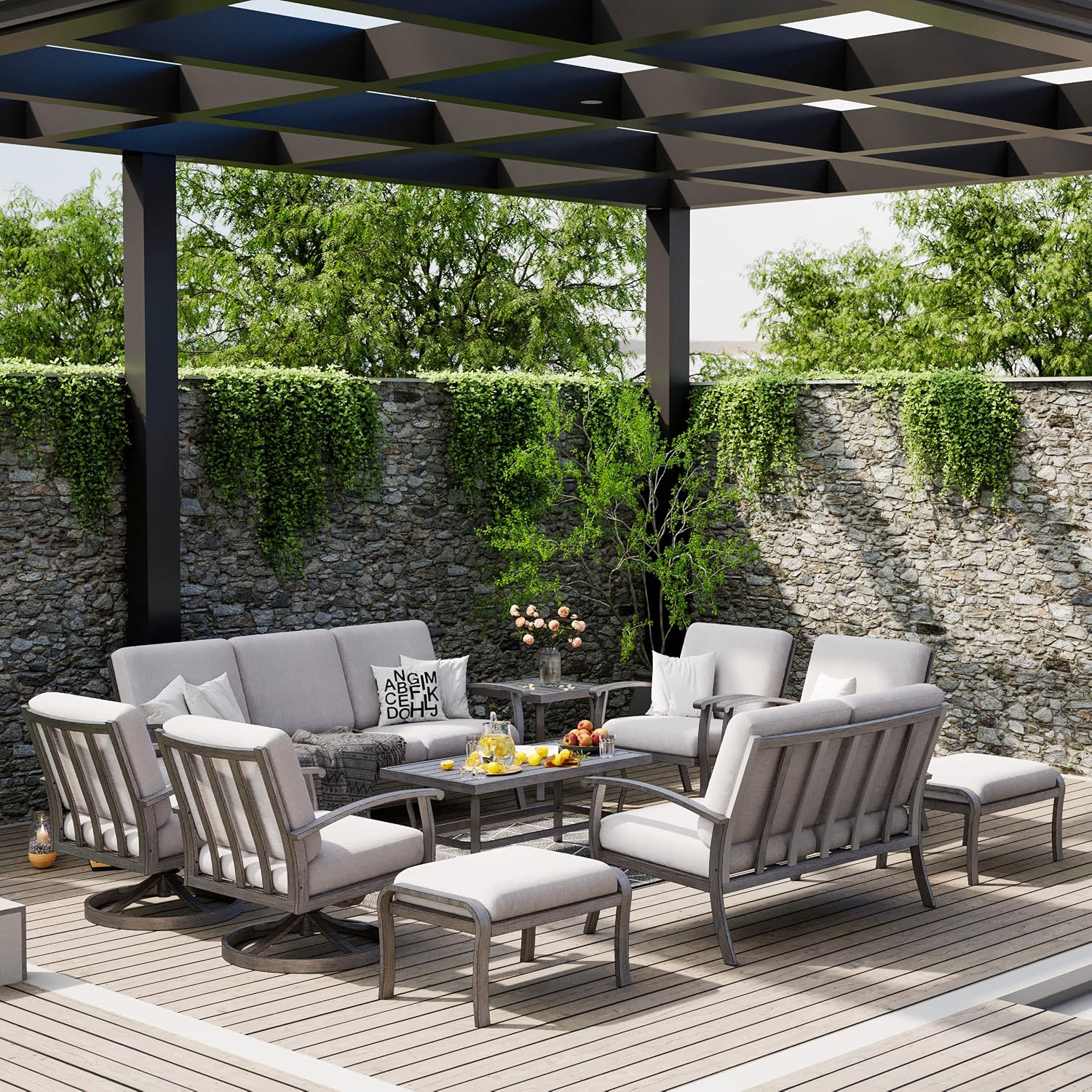 HAPPATIO 10 Piece Aluminum Patio Furniture Set, 3-Seat Outdoor Couch and Loveseat, All-Weather Outdoor Sectional Sofa with Swivel Armchairs and Ottomans, Garden Conversation Set(Gray)