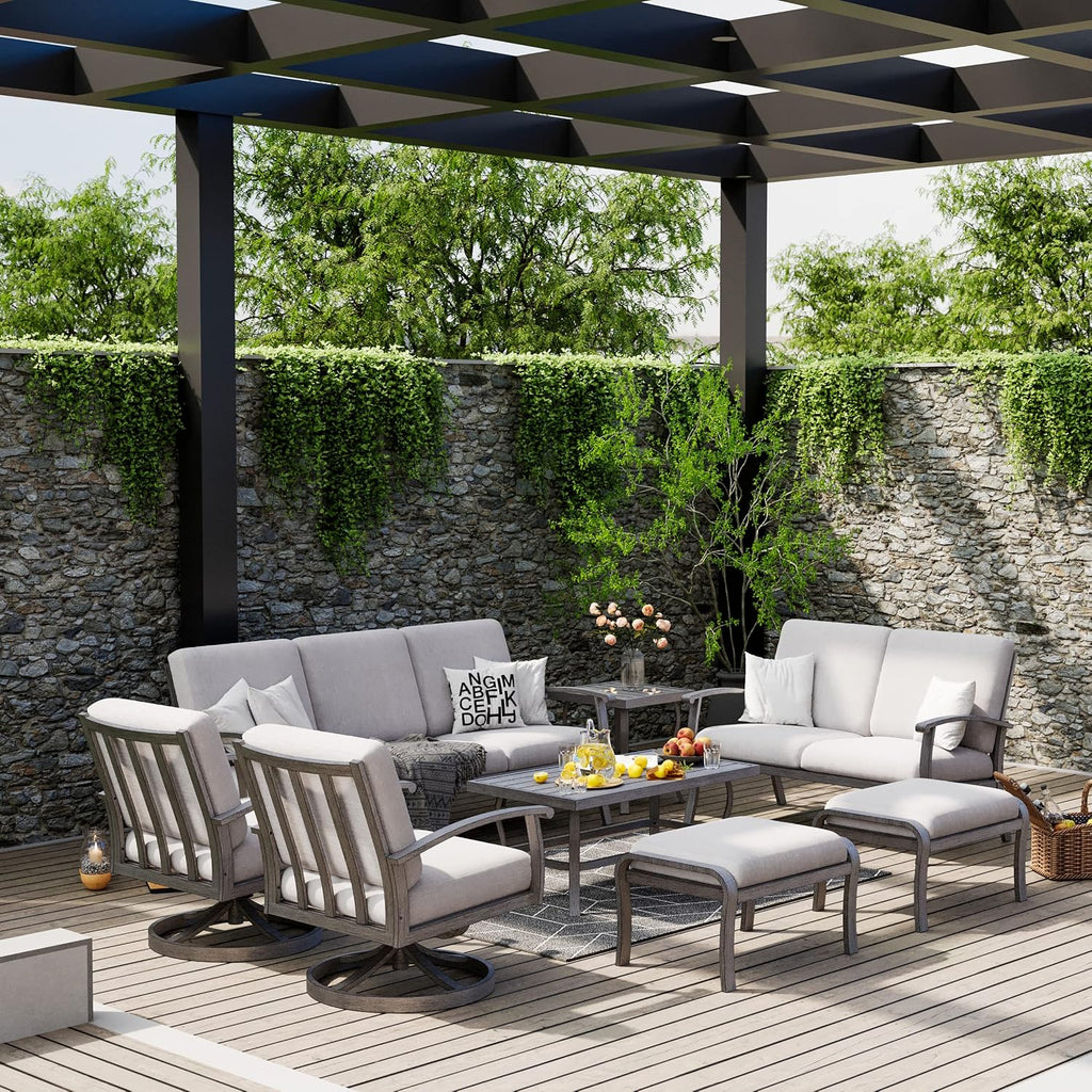 HAPPATIO 8 Piece Aluminum Patio Furniture Set, 3-Seat Outdoor Couch and Loveseat, All-Weather Outdoor Sectional Sofa with Swivel Armchairs, Garden Conversation Set with Tables (Gray)