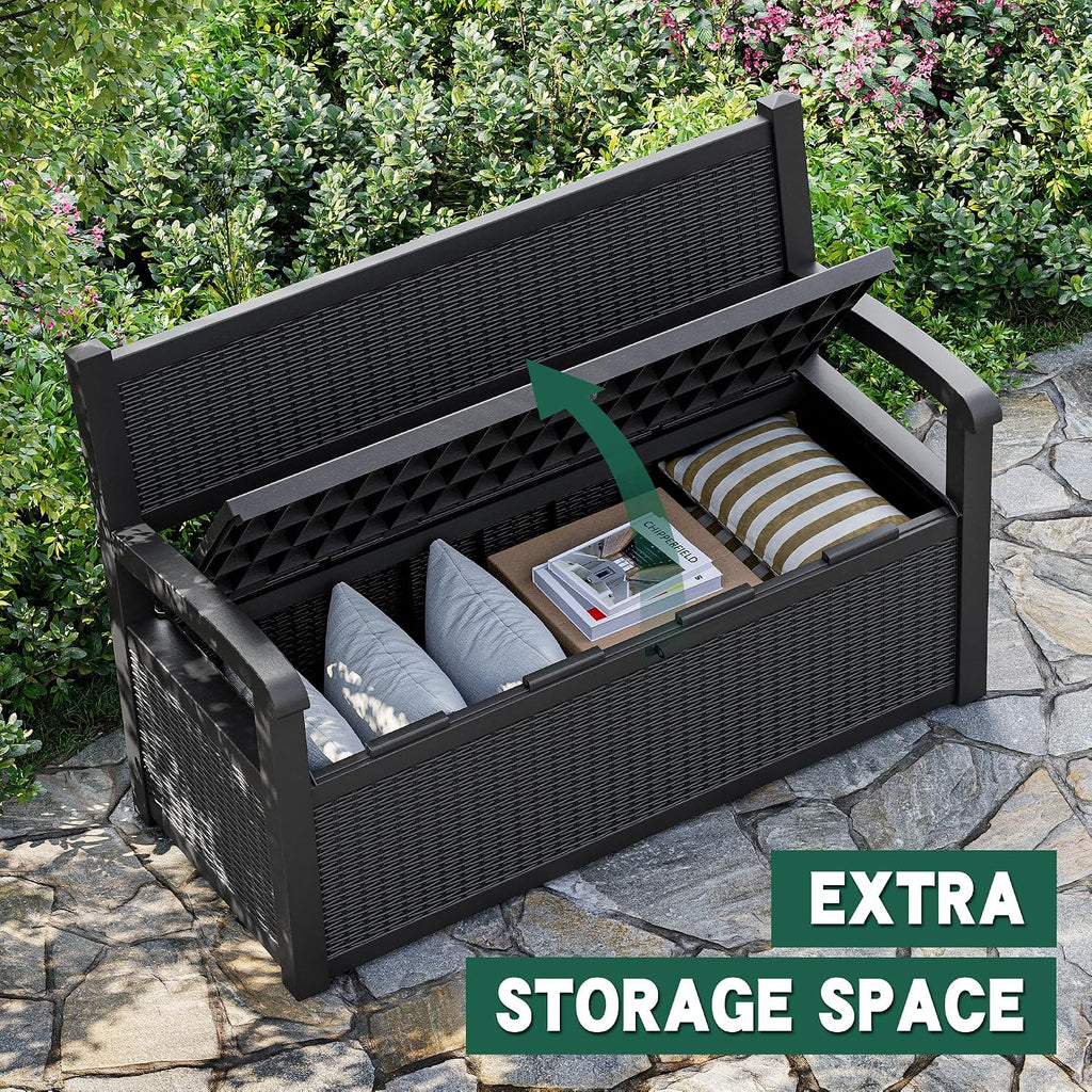 NUNU LAB 70 Gallon Outdoor Storage Bench Deck Box, Lockable Patio Furniture,Resin Outdoor Bench with Armrest,Waterproof Garden Decor,outdoor storage box,for Garden Tools,Cushions and Pool Supplies