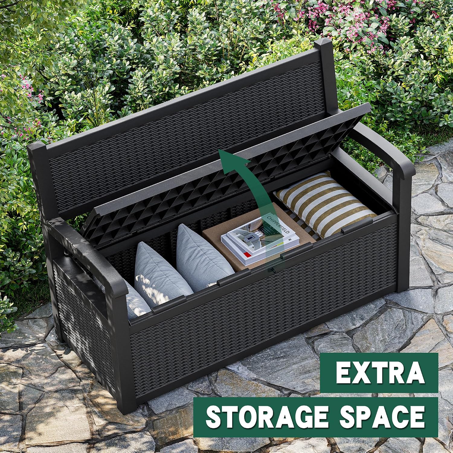 NUNU LAB 70 Gallon Outdoor Storage Bench Deck Box, Lockable Patio Furniture,Resin Outdoor Bench with Armrest,Waterproof Garden Decor,outdoor storage box,for Garden Tools,Cushions and Pool Supplies