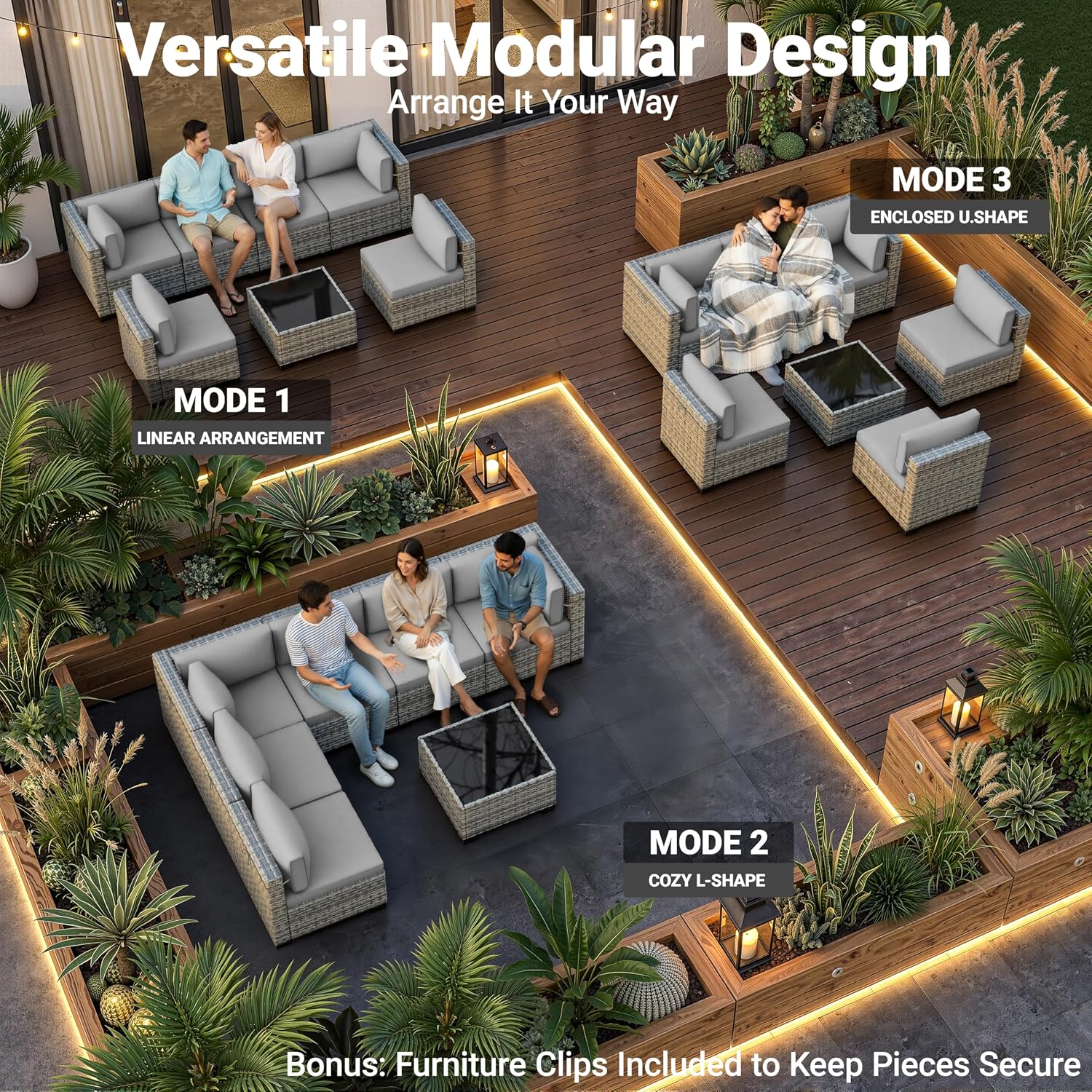 7-Piece Patio Furniture Set, Outdoor Sectional with Thick Cushions, Modular Patio Sofa, Dual-Strand Wicker Rattan, Rust-Resistant Frame, Backyard Furniture for Garden, Deck, Grey