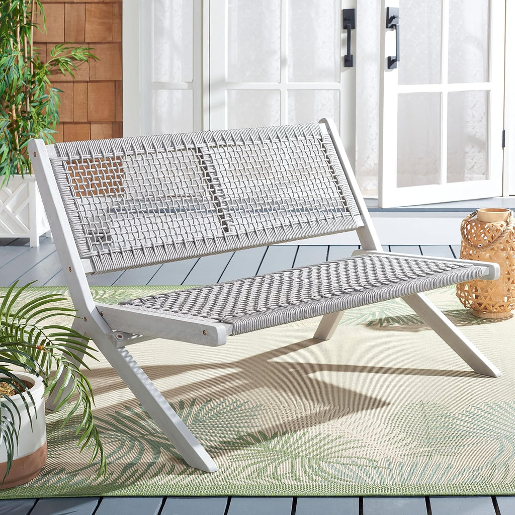 SAFAVIEH Outdoor - Kobina Folding Bench - Grey & Grey - Solid Wood and Rope - Modern Sculpted Folding Design - Ideal for Patio, Deck, Porch, Backyard, 13.8' Seat Height (PAT7304B)