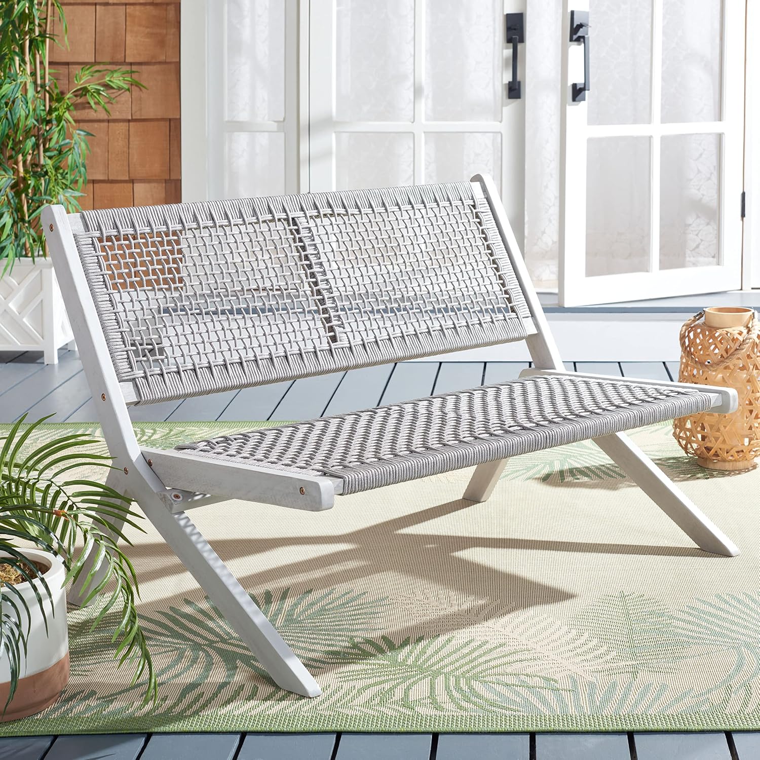 SAFAVIEH Outdoor - Kobina Folding Bench - Grey & Grey - Solid Wood and Rope - Modern Sculpted Folding Design - Ideal for Patio, Deck, Porch, Backyard, 13.8' Seat Height (PAT7304B)