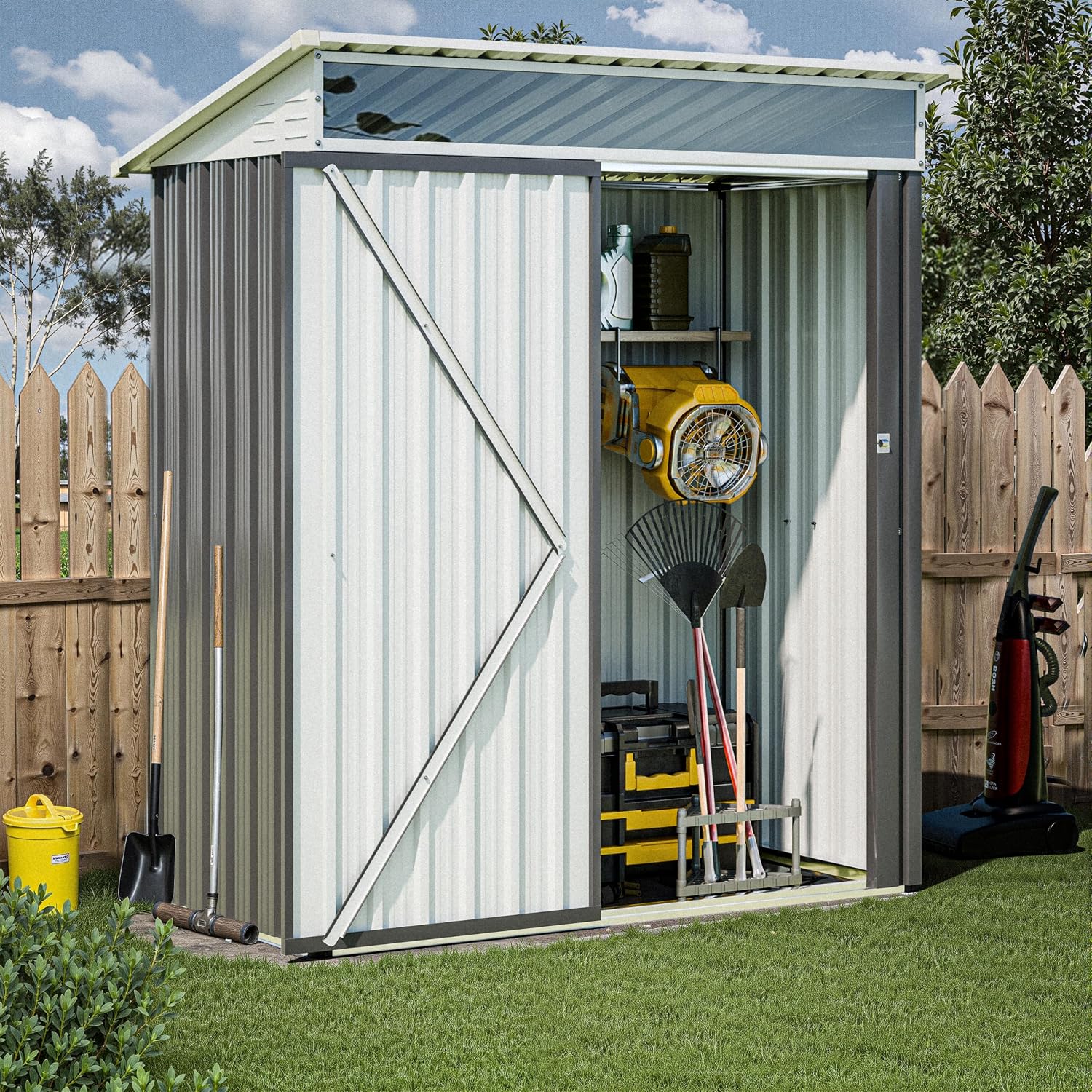 JY QAQA 5x3 FT Outdoor Garden Storage Shed, Waterproof Metal Garden Sheds with Window and Lockable Double Door, Weather Resistant Steel Tool Storage House Shed for Patio, Lawn Dark Gray