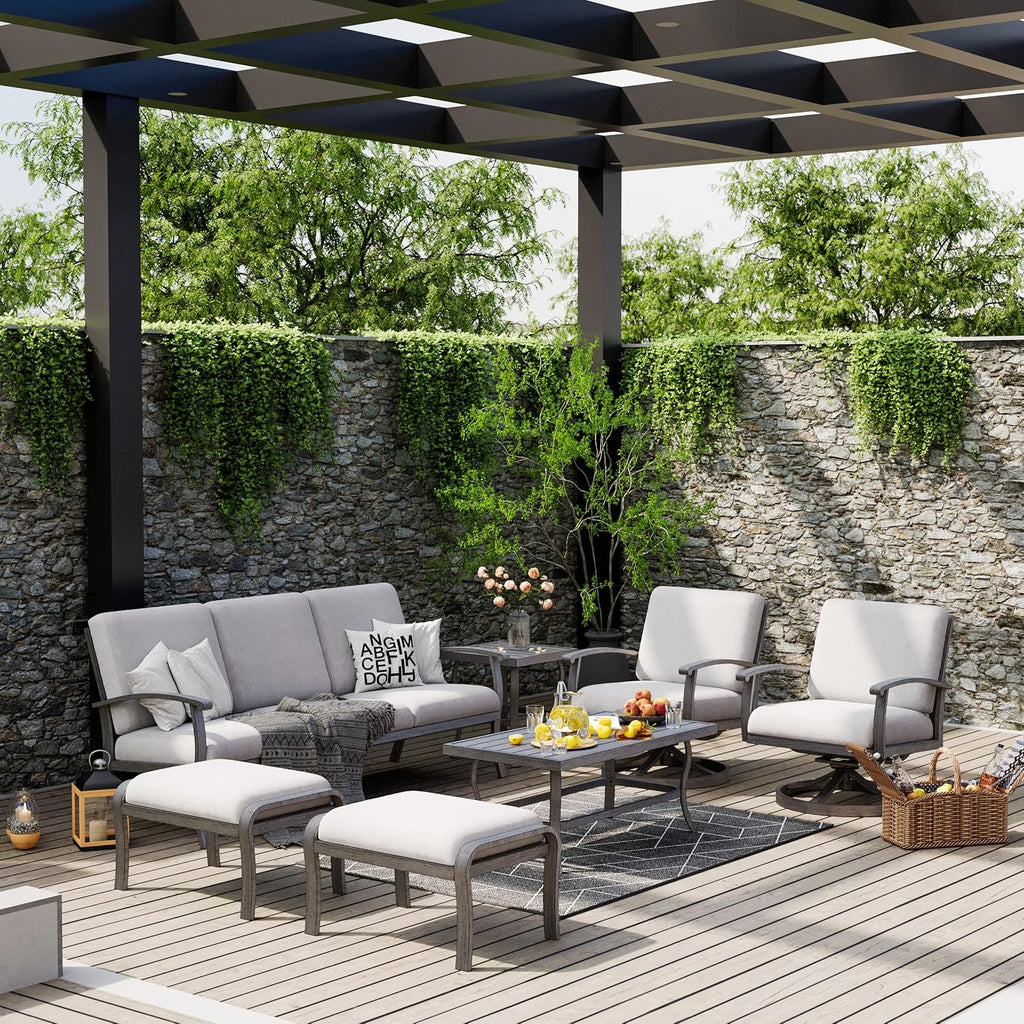 HAPPATIO 7 Piece Aluminum Patio Furniture Set, 3-Seat Outdoor Ottoman and Swivel Armchair, Outdoor Sectional Sofa with Side Table and Coffee Table, Garden Conversation Set for Lawn(Gray)