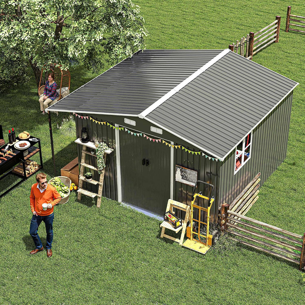 10x12 ft Metal Storage Shed with Open Firewood Bay, Steel Outdoor Storage Shed with Window and Lockable Doors, Extra Large Tool Sheds House with Vents, for Garden, Backyard, Patio, Dark Gray