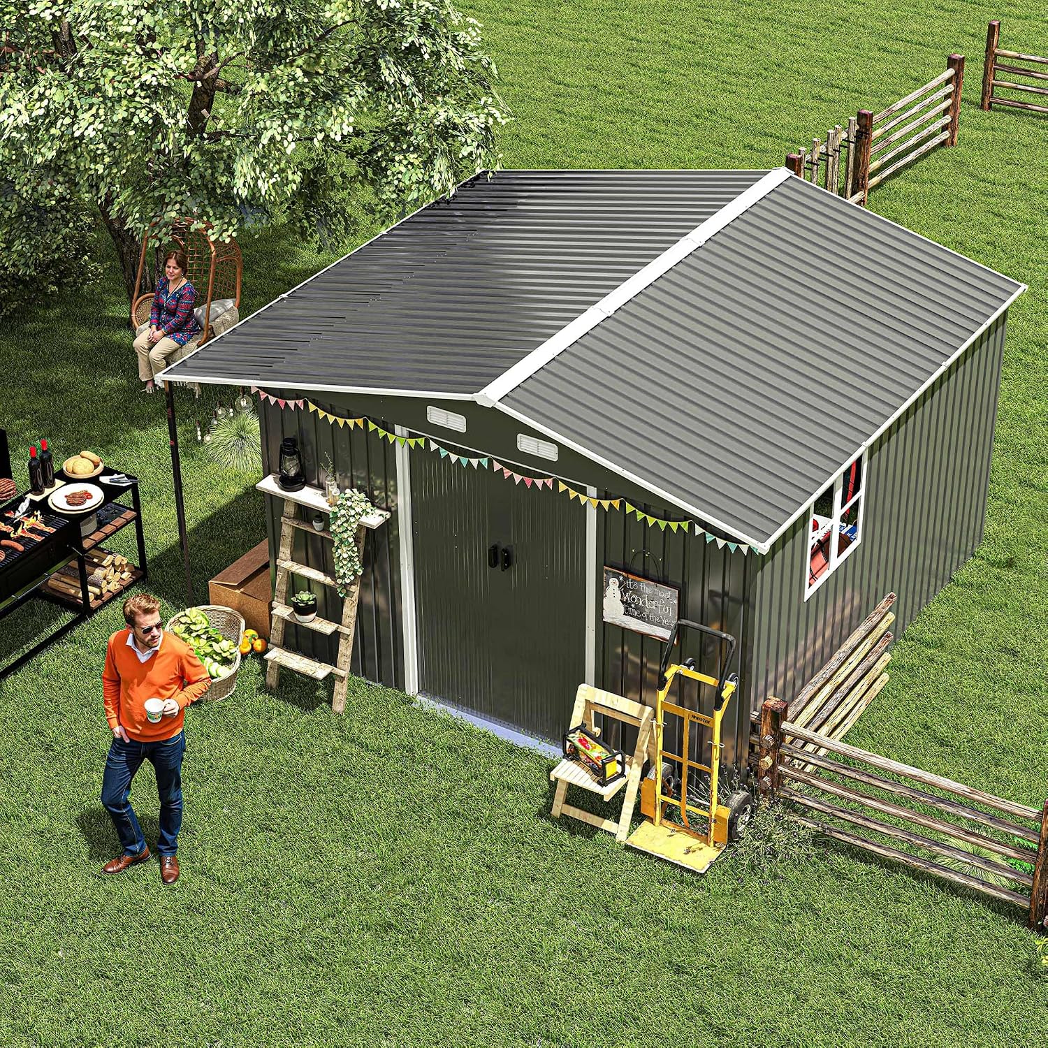10x12 ft Metal Storage Shed with Open Firewood Bay, Steel Outdoor Storage Shed with Window and Lockable Doors, Extra Large Tool Sheds House with Vents, for Garden, Backyard, Patio, Dark Gray