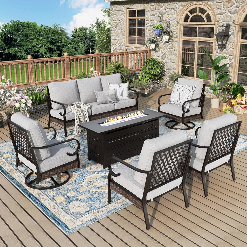 MIXPATIO Patio Furniture Set with Fire Pit Table, Metal Outdoor Conversation Set with 5.75'' Extra Thick Cushion, 2 Swivel Chairs, 2 Leg Chairs, 3-Seat Sofa and Gas Fire Pit Table, Light Grey