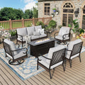 MIXPATIO Patio Furniture Set with Fire Pit Table, Metal Outdoor Conversation Set with 5.75'' Extra Thick Cushion, 2 Swivel Chairs, 2 Leg Chairs, 3-Seat Sofa and Gas Fire Pit Table, Light Grey