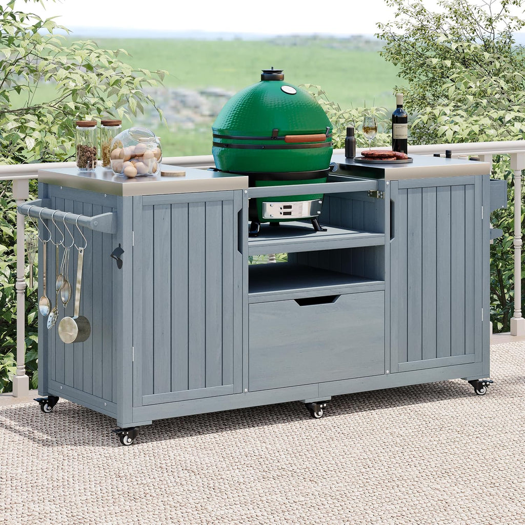 66.5' Outdoor Kitchen Island with Stainless Steel Top for Big Green Egg, Rolling Grill Cart with Adjustable Shelves, Lockable Wheels, Outdoor Table and Bar Storage Cabinet for Patio