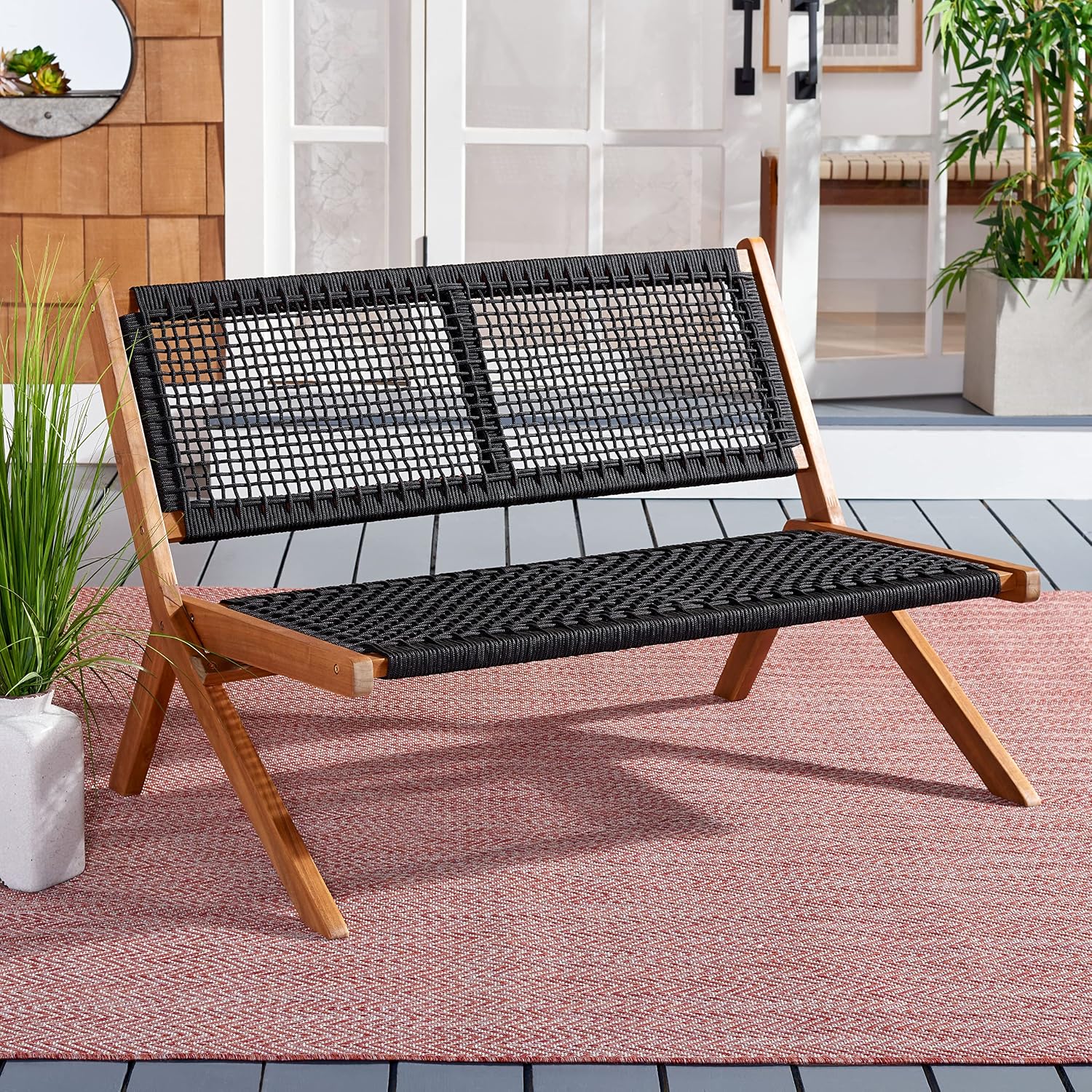 SAFAVIEH Outdoor - Kobina Folding Bench - Natural & Black - Solid Wood and Rope - Modern Sculpted Folding Design - Ideal for Patio, Deck, Porch, Backyard, 13.8' Seat Height (PAT7304E)
