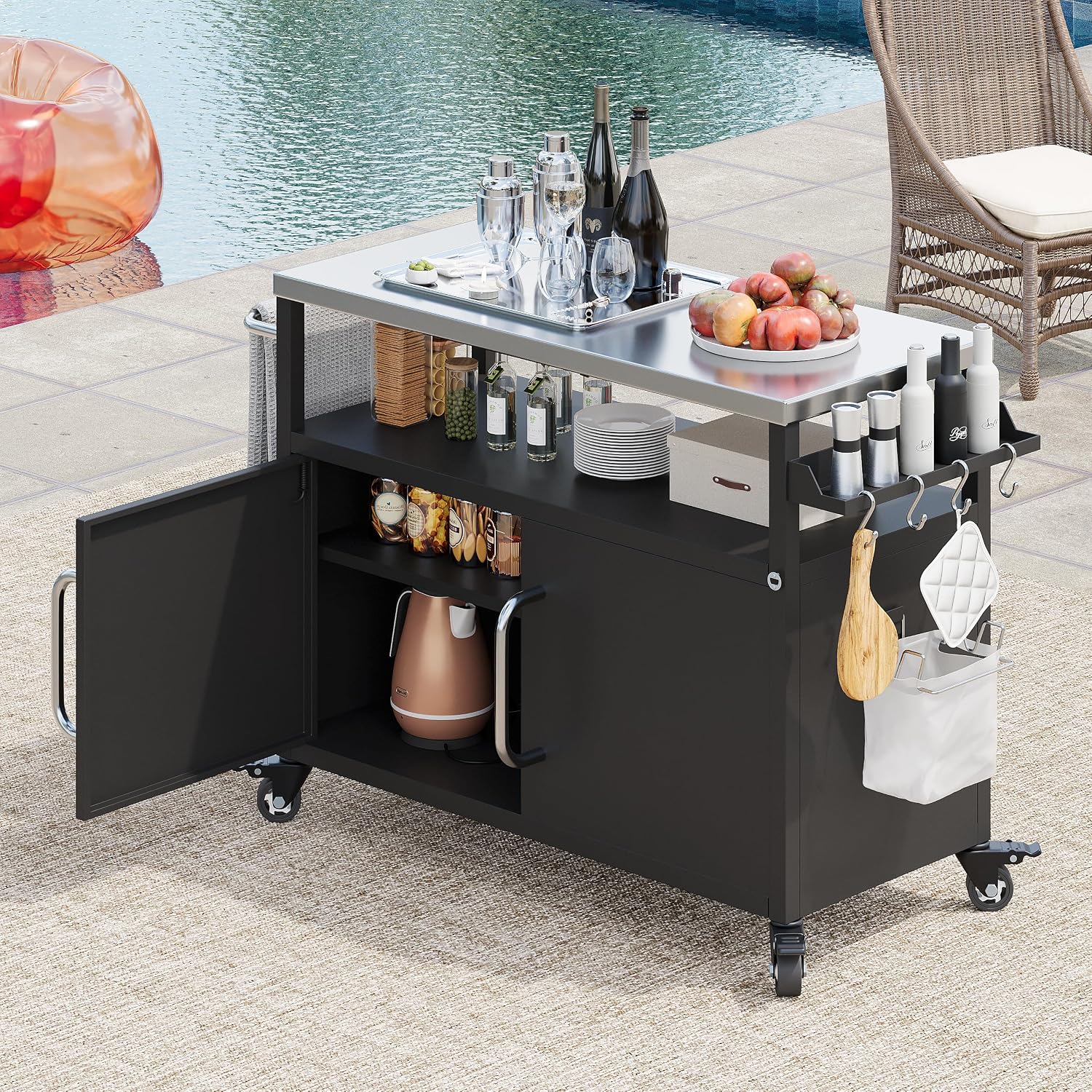 54.5' Outdoor Grill Cart with Storage Cabinet, Metal Grill Cart Table with Movable Universal Wheels and Stainless Steel Top, for Patio, Kitchen Prep, Grilling Accessories, Black