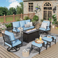 MIXPATIO Patio Furniture Set, 6 Pcs Metal Outdoor Conversation Set, 2 Swivel Chairs, 2 Ottomans and 3 Seater Sofa with 5.75' Extra Thick Cushion and Gas Fire Pit Table, Blue
