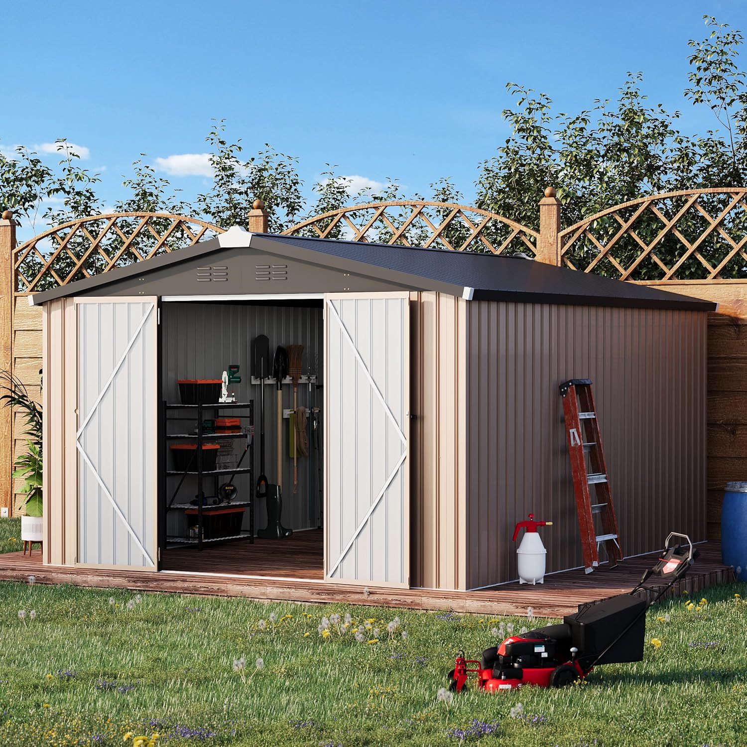 U-MAX 10x14 Outdoor Storage Shed, Large Metal Outside Storage Garden Sheds & Outdoor Storage Shed Clearance, Tool Shed Lockable for Backyard, Patio and Outside Use in Gray