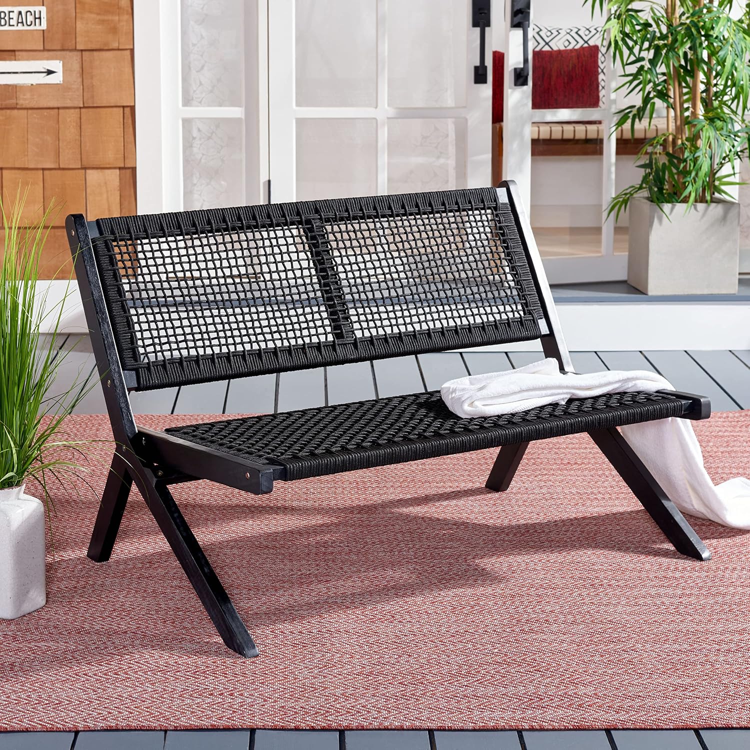 SAFAVIEH Outdoor - Kobina Folding Bench - Black & Black - Solid Wood and Rope - Modern Sculpted Folding Design - Ideal for Patio, Deck, Porch, Backyard, 13.8' Seat Height (PAT7304C)