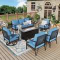 MIXPATIO Patio Furniture Set with Fire Pit Table, Metal Outdoor Conversation Set with 5.75'' Extra Thick Cushion, 2 Swivel Chairs, 2 Leg Chairs, 3-Seat Sofa and Gas Fire Pit Table, Navy Blue