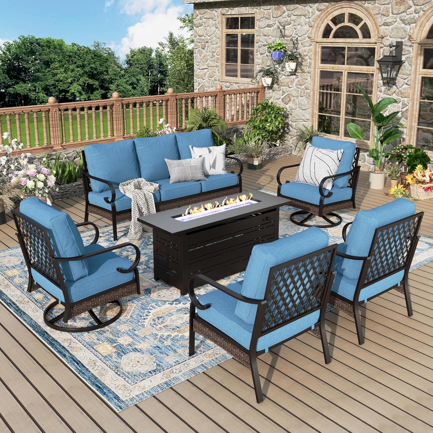 MIXPATIO Patio Furniture Set with Fire Pit Table, Metal Outdoor Conversation Set with 5.75'' Extra Thick Cushion, 2 Swivel Chairs, 2 Leg Chairs, 3-Seat Sofa and Gas Fire Pit Table, Navy Blue