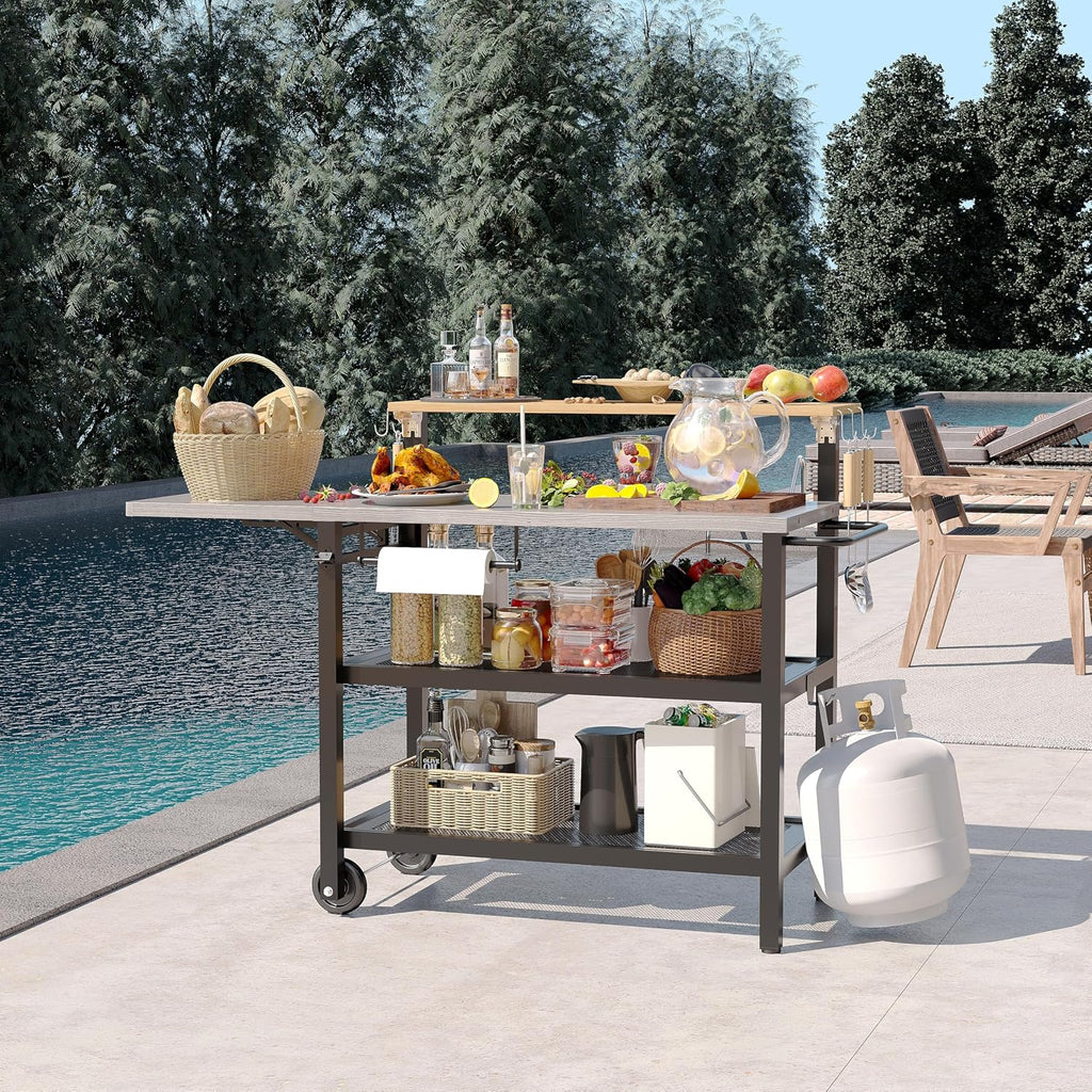 Sundale Outdoor Grill Table with 4-Tier Storage Shelves, Movable Outdoor Kitchen Island with Folding Side Shelf, 58.47' x 20.08' Stainless Steel Tabletop for Food Pre, Pizza Oven