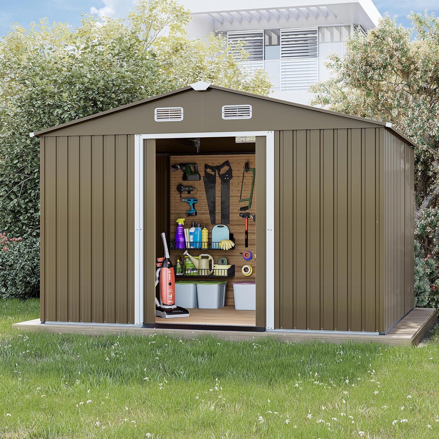 Kurapika 10 x 8FT Outdoor Storage Shed Waterproof, Large Garden Tool House with Air Vents and Lockable Sliding Door, Metal Shed for Garden, Patio, Backyard, Lawn